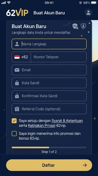 Cara Registrasi Akun 62vip untuk Pengguna Android