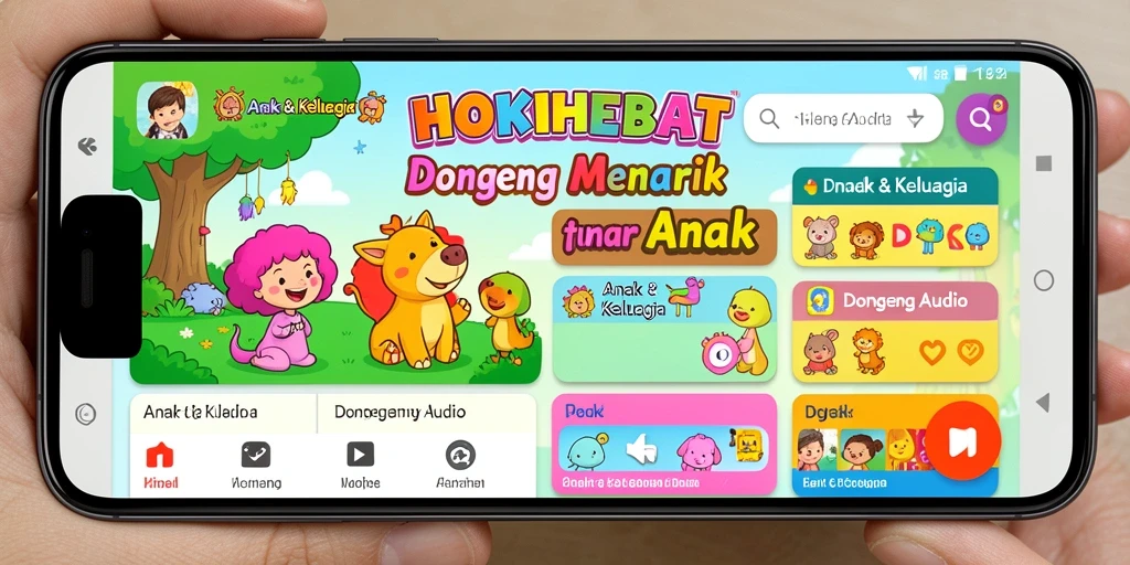 Antarmuka HOKIHEBAT dengan berbagai pilihan dongeng audio.